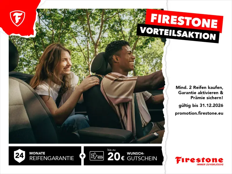 Werbebild Firestone Aktion: Wunschgutschein im Wert von bis zu 20€ plus und 24 Monate Reifengarantie sichern mit Mann und Frau im Auto