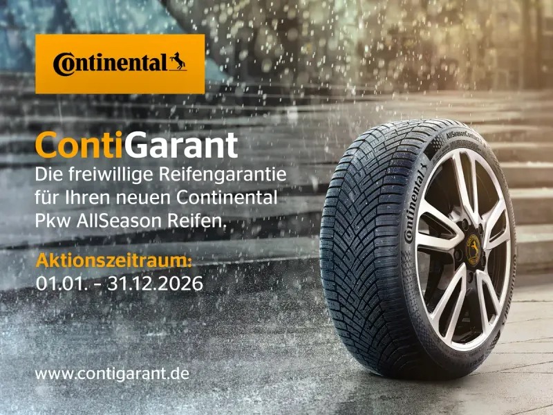 Werbebild Continental Aktion ContiGarant bis zu 24 Monate Reifengarantie sichern mit Reifen auf Straße