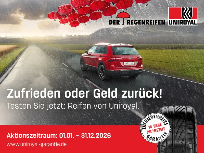 Werbebild Uniroyal Zufriedenheitsgarantie mit rotem Auto auf nasser Straße
