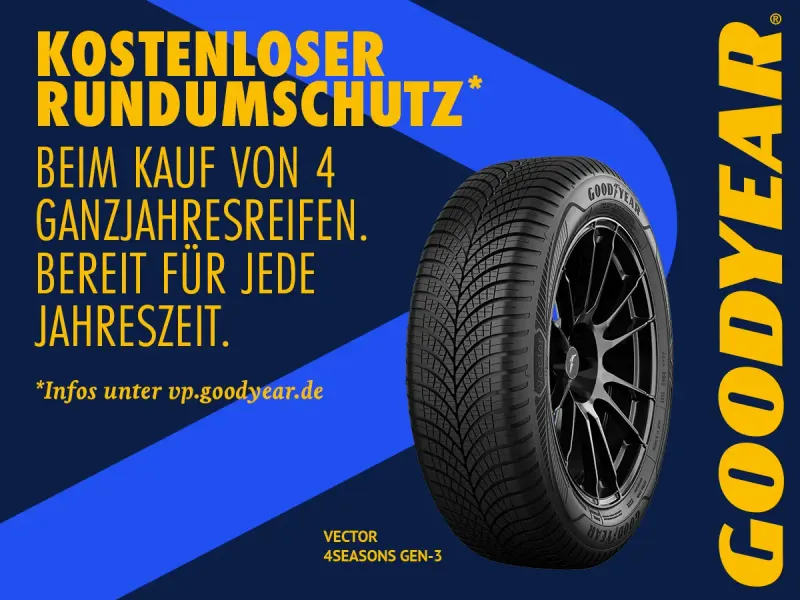 Werbebild Goodyear Aktion kostenloser Rundumschutz für Ganzjahresreifen mit Goodyear Reifen