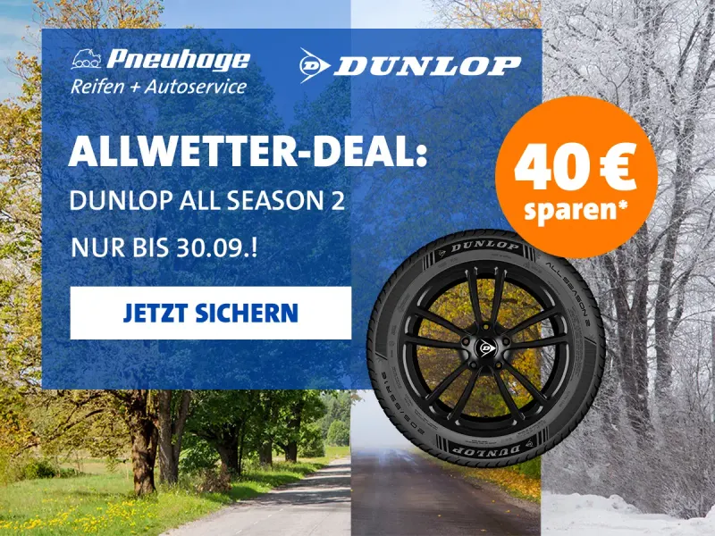 Dunlop Banner mit Ganzjahresreifen, Aktionscode für 40-Euro-Sofortrabatt vor Landschaft im Vier-Jahreszeiten-Design.