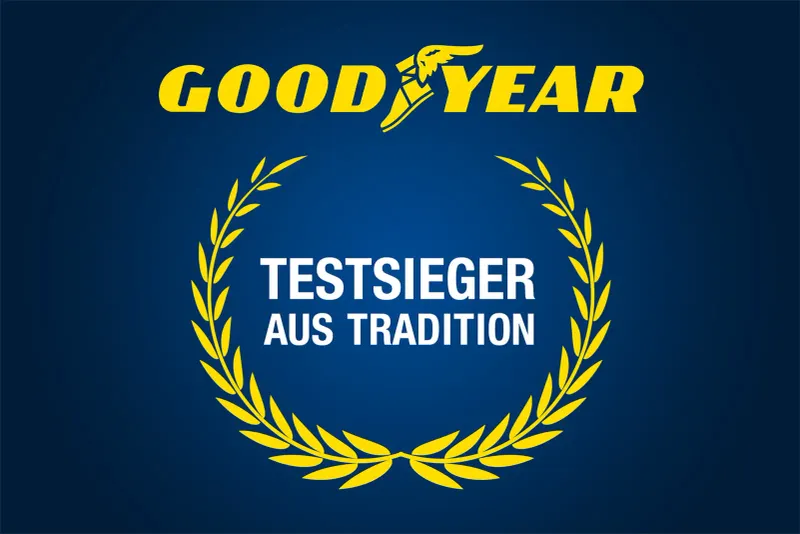 Gelber Lorbeerkranz um „TESTSIEGER AUS TRADITION“, darüber Goodyear-Logo