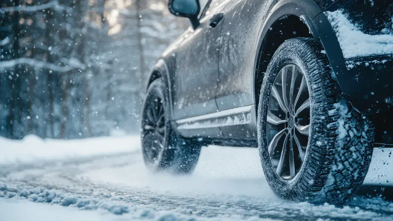 Nahaufnahme Reifen im Schnee mit Profil und Schneematsch
