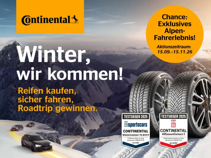 Werbebild Continental Gewinnchance Alpen-Fahrerlebnis mit winterlicher Alpenlandschaft